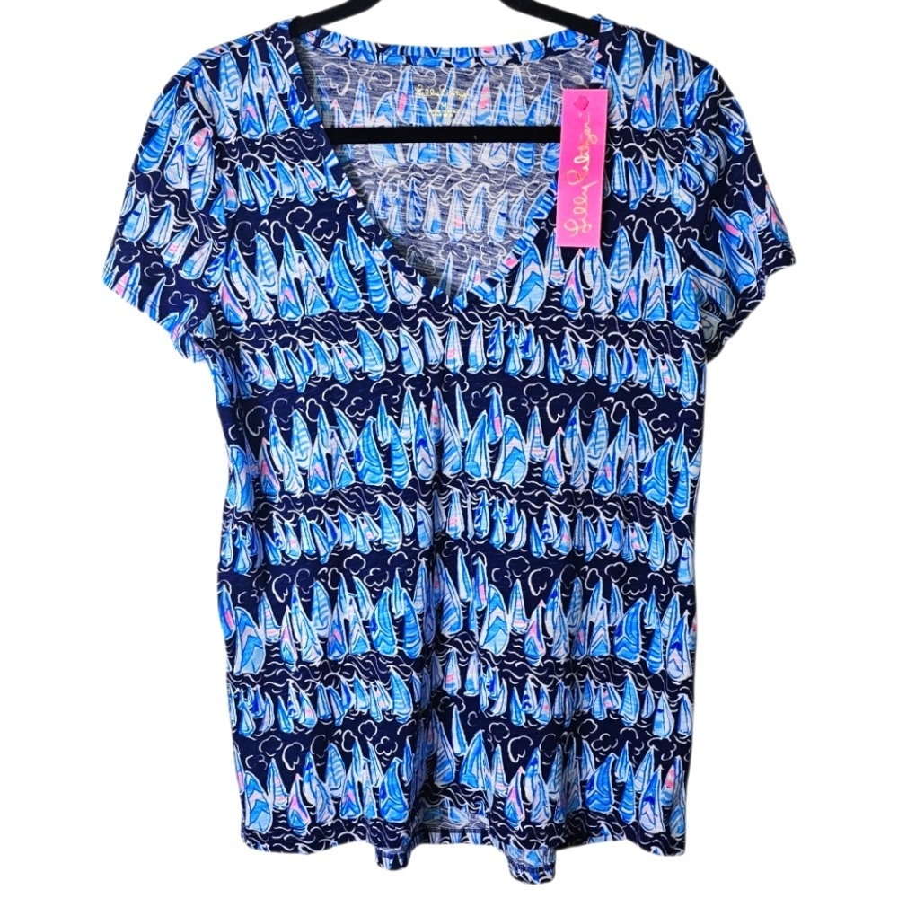 NWT‎ Lilly Pulitzer M Etta V-Neck Top Blue Ibiza Now you Sea Me Preppy T-shirt